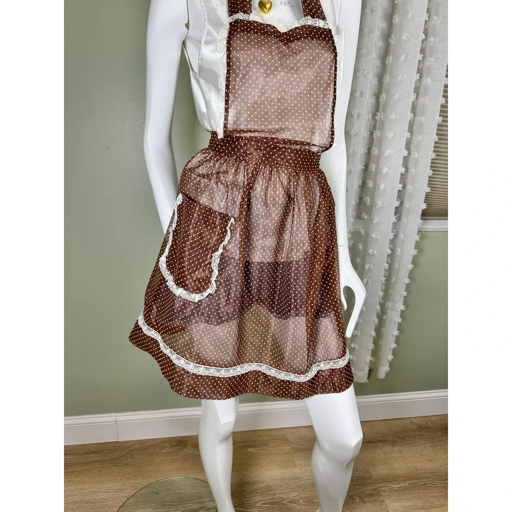 Vintage‎ 1960s 1970s Sheer Polka Dot Hostess Apron Lace Brown Cottage Core